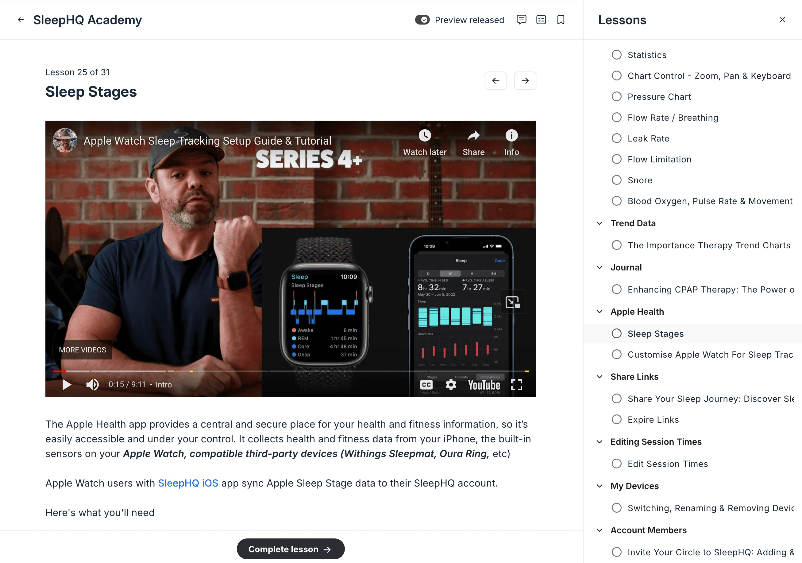 A SleepHQ Academy lesson on sleep stages, with the course contents listed beside the video