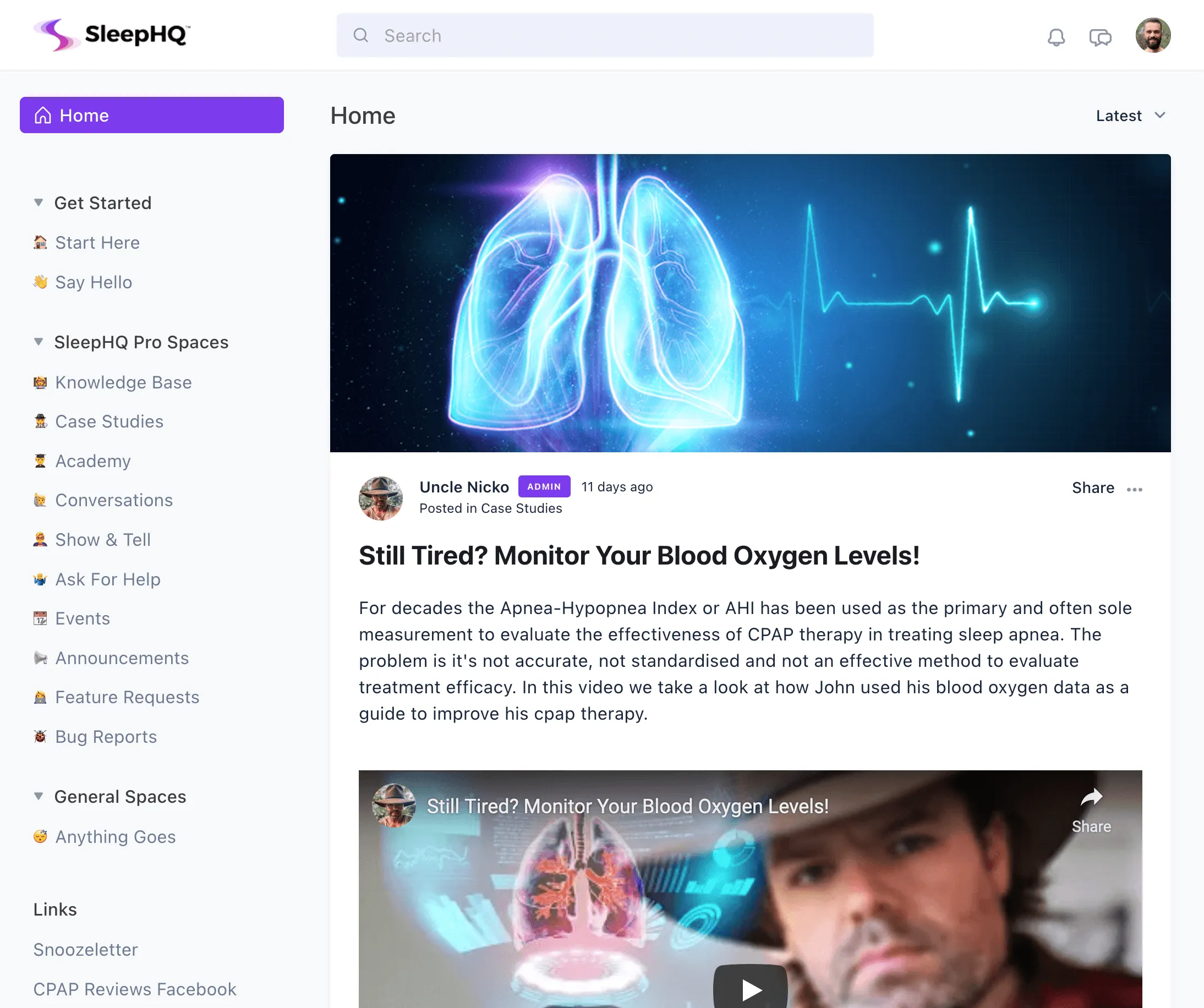 The SleepHQ community, showing a post about monitoring blood oxygen levels alongside the space list