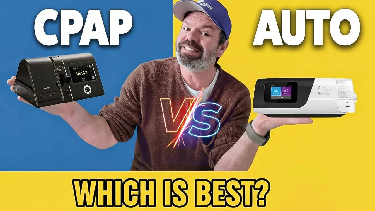Video thumbnail reading “CPAP vs Auto — which is best?”, with a man holding a CPAP machine in each hand
