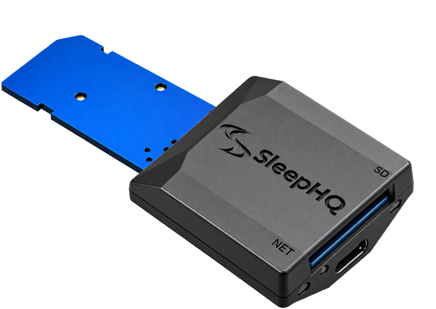 The Magic Uploader Xtreme: a small black SleepHQ-branded box on the end of a blue SD-card-shaped board, with its LED lit