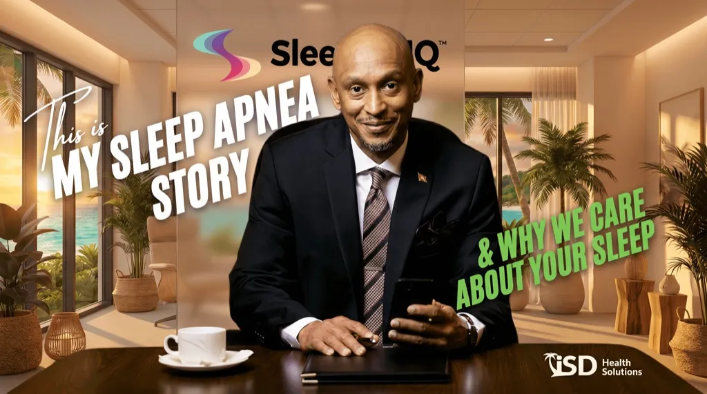 Title card reading “This is my sleep apnea story, and why we care about your sleep”, with Greg from ISD Health Solutions in a dark suit at his desk, palms and a beach through the windows behind him