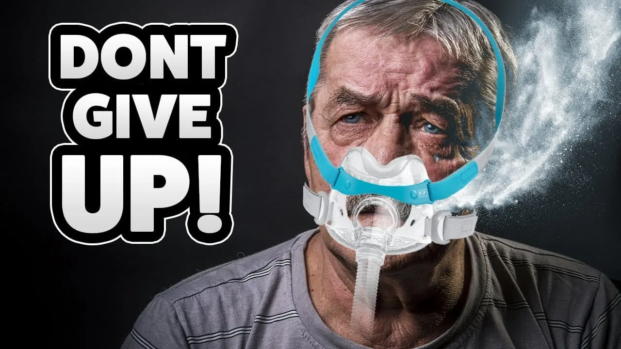 Video thumbnail reading “Don’t give up!”, with an older man wearing a full-face CPAP mask