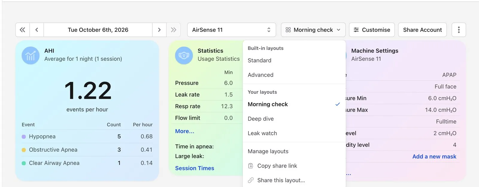 The layout menu, switching between the built-in Standard and Advanced layouts and three saved layouts: Morning check, Deep dive and Leak watch.