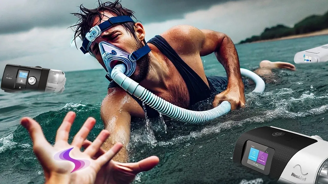 Video thumbnail: a man wearing a CPAP mask swimming in rough open water, reaching for an outstretched hand