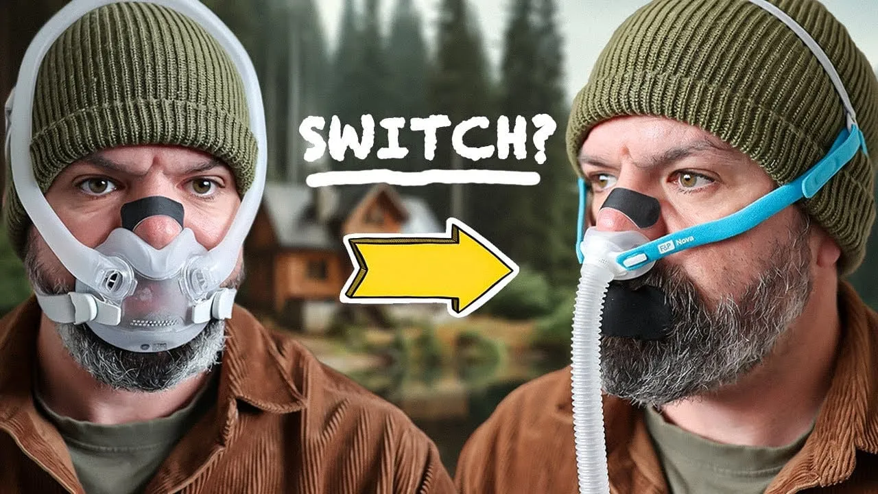 Video thumbnail reading “Switch?”, showing the same man in a full-face CPAP mask and then a nasal pillow mask