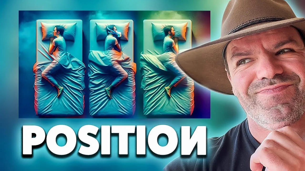Video thumbnail reading “Position”, showing three sleeping positions in bed viewed from above