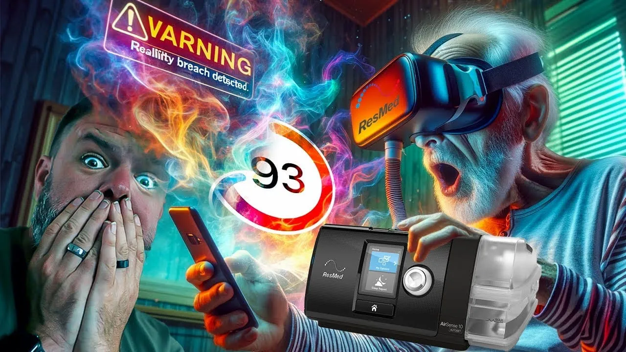 Video thumbnail: a man reacting in alarm to a MyAir score of 93 on his phone, beside a ResMed AirSense 10