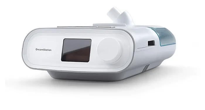 A Philips Respironics DreamStation, seen from the front and one side
