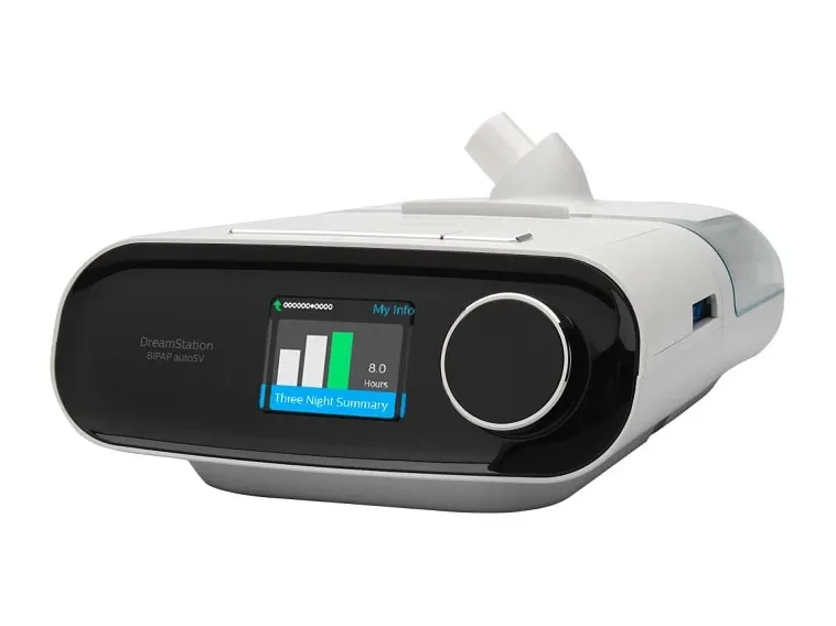 A Philips Respironics DreamStation BiPAP autoSV, seen from the front and one side