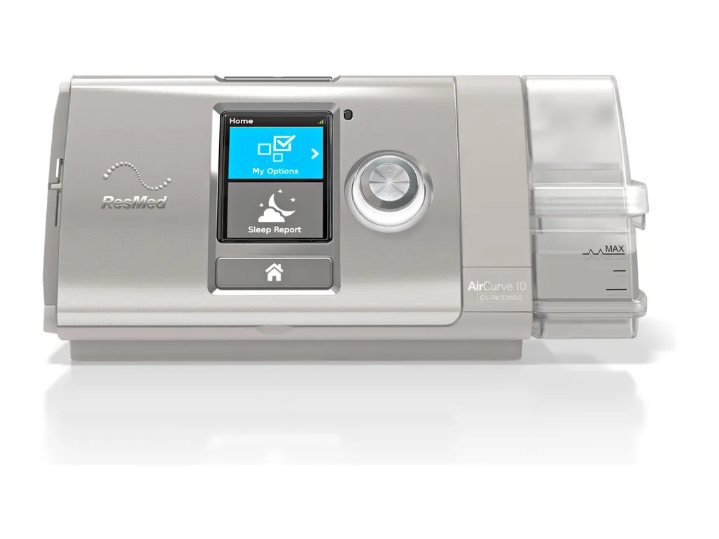 A ResMed AirCurve 10 CS PaceWave, seen front on with its humidifier attached