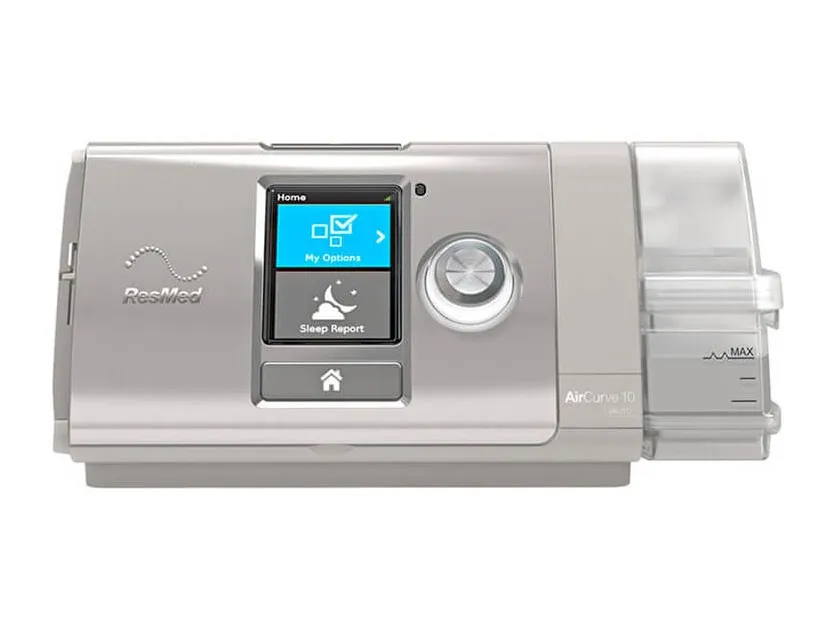 A ResMed AirCurve 10 VAuto, seen front on with its humidifier attached