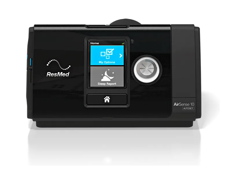 A ResMed AirSense 10 AutoSet, seen front on with its humidifier attached