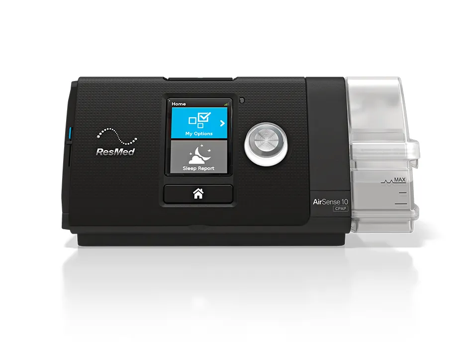 A ResMed AirSense 10 CPAP, seen front on with its humidifier attached