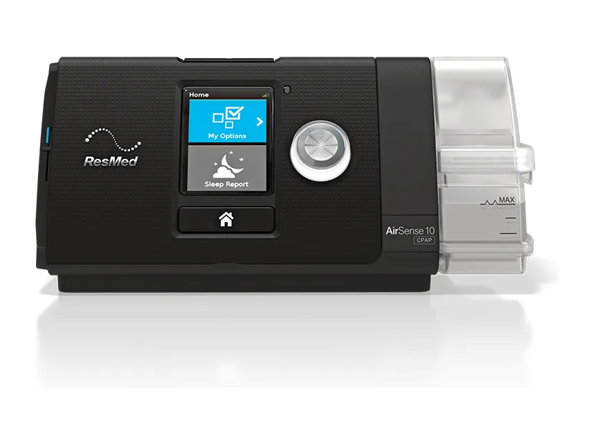 A ResMed AirSense 10 CPAP, seen front on with its humidifier attached