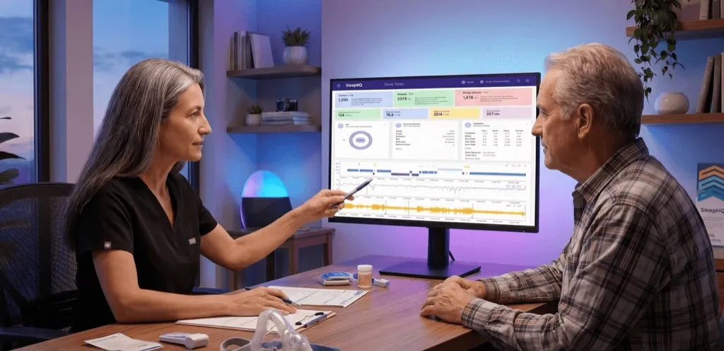 A clinician in scrubs pointing out a chart on a monitor full of SleepHQ data to an older man sitting across the desk from her, a CPAP mask and tubing beside them
