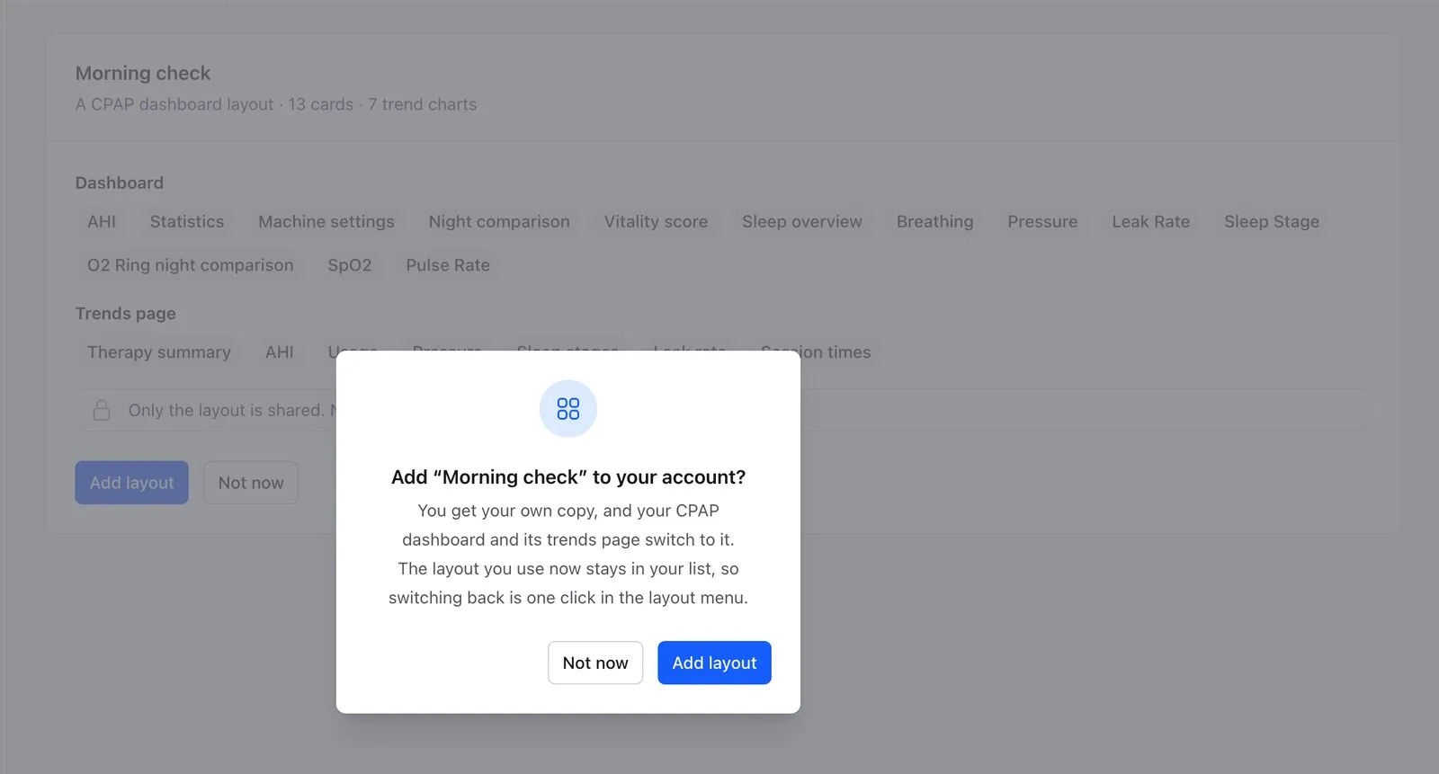 A shared SleepHQ layout link, asking the visitor whether to add the Morning check layout to their own account.