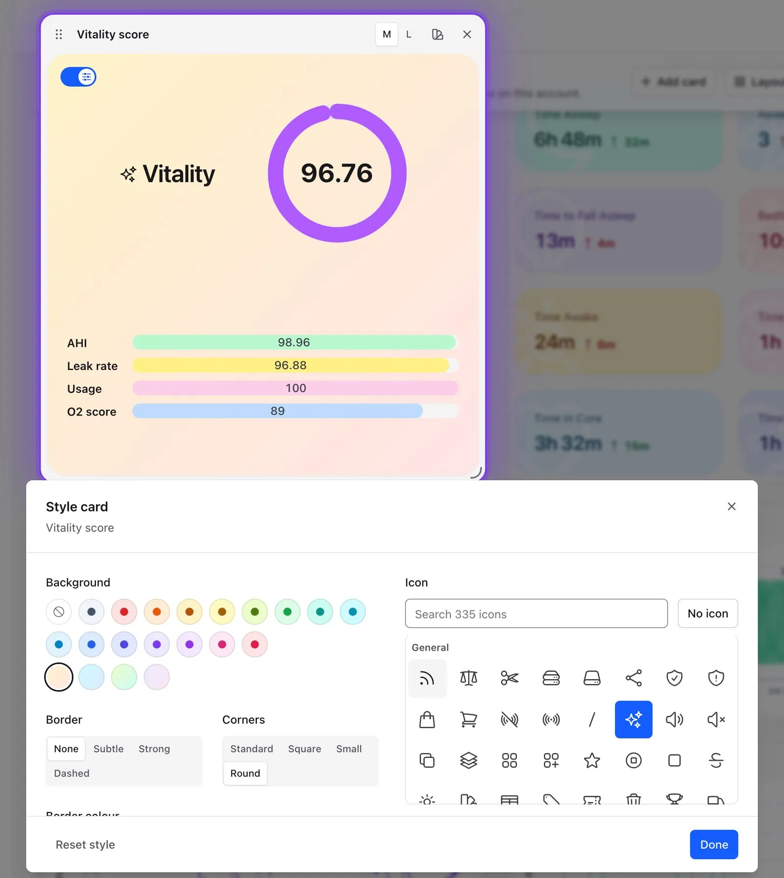 The Style card panel, with background colours and gradients, border and corner options, and a searchable icon picker.