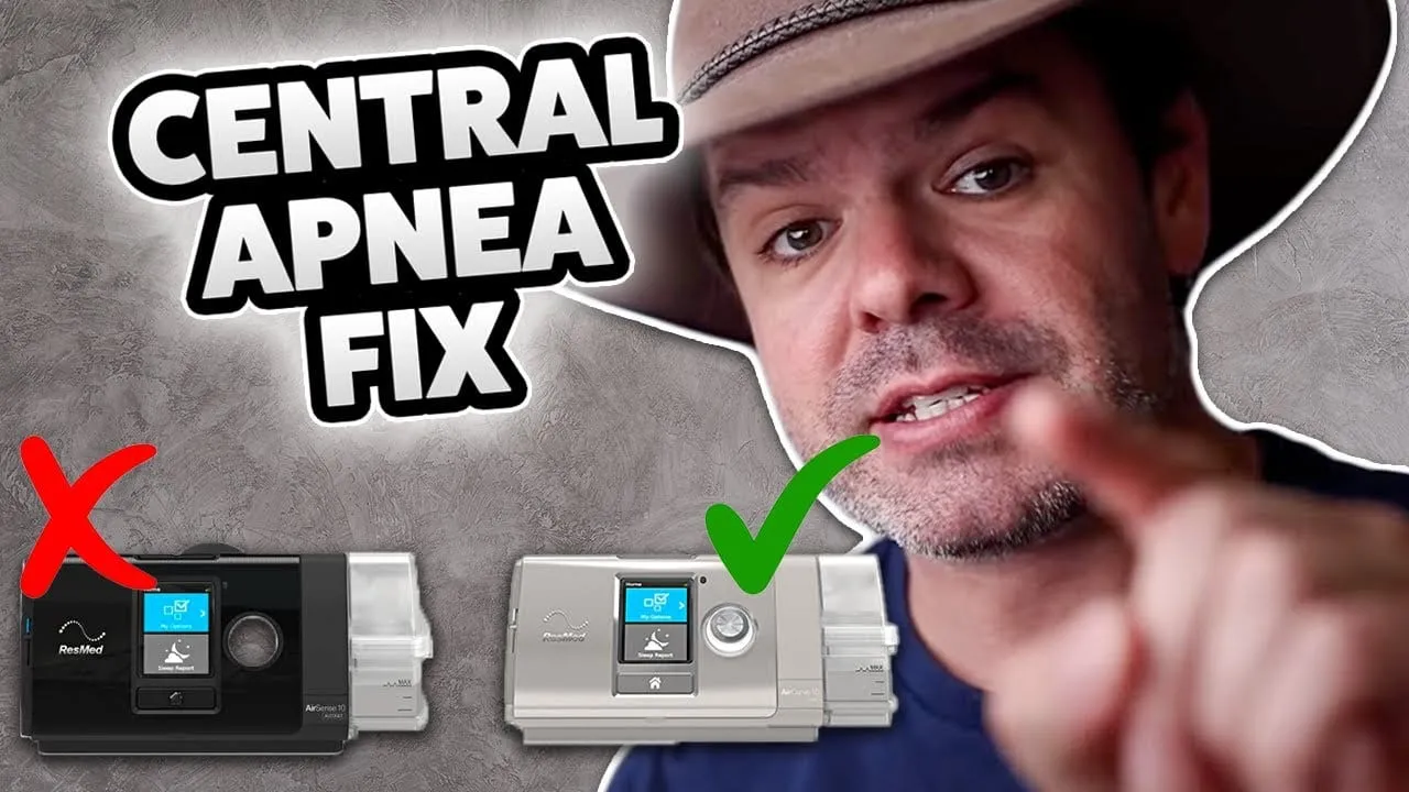 Video thumbnail reading “Central apnea fix”, with a ResMed AirSense 10 crossed out beside an AirCurve ticked