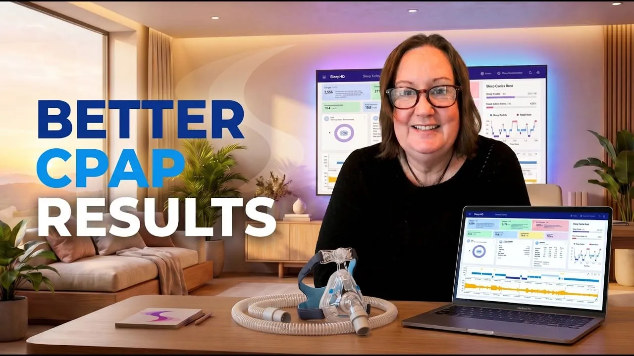 Video thumbnail reading “Better CPAP results”, with Suzie beside screens showing SleepHQ reports
