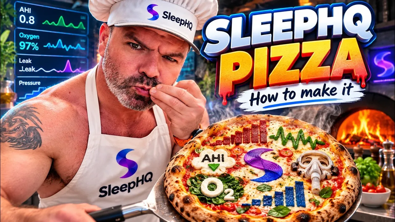 Nick in a SleepHQ chef’s hat and apron, holding a pizza topped with sleep data, beside the words “SleepHQ Pizza: How to make it”.